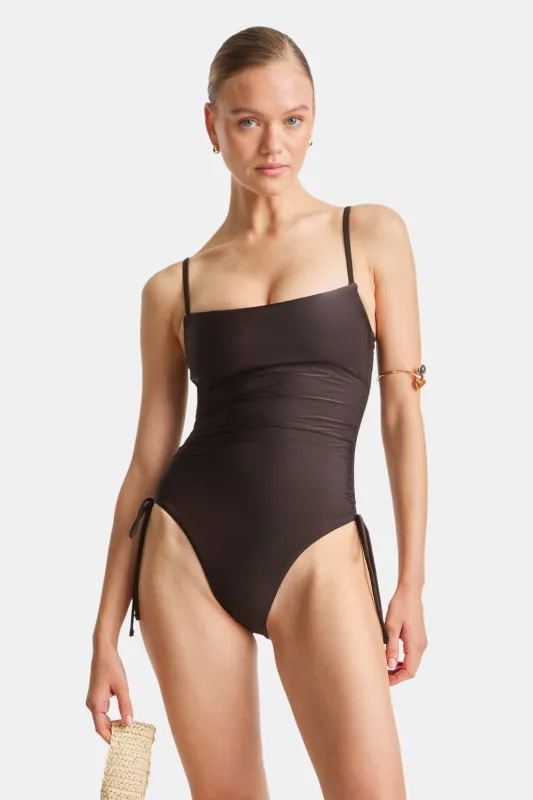 Ruched Adjustable Tie Side Shaping Swimsuit - Espresso made by TALA
