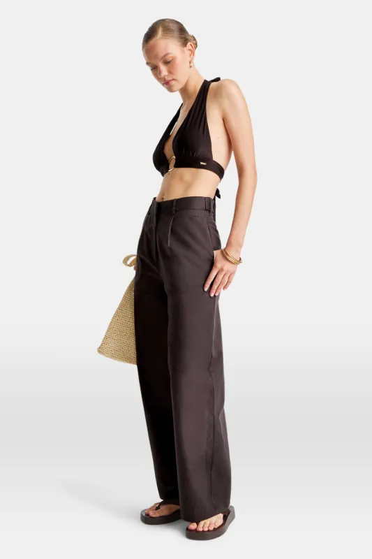 Heavyweight Linen Tailored Wide Leg Trousers - Espresso sold by TALA