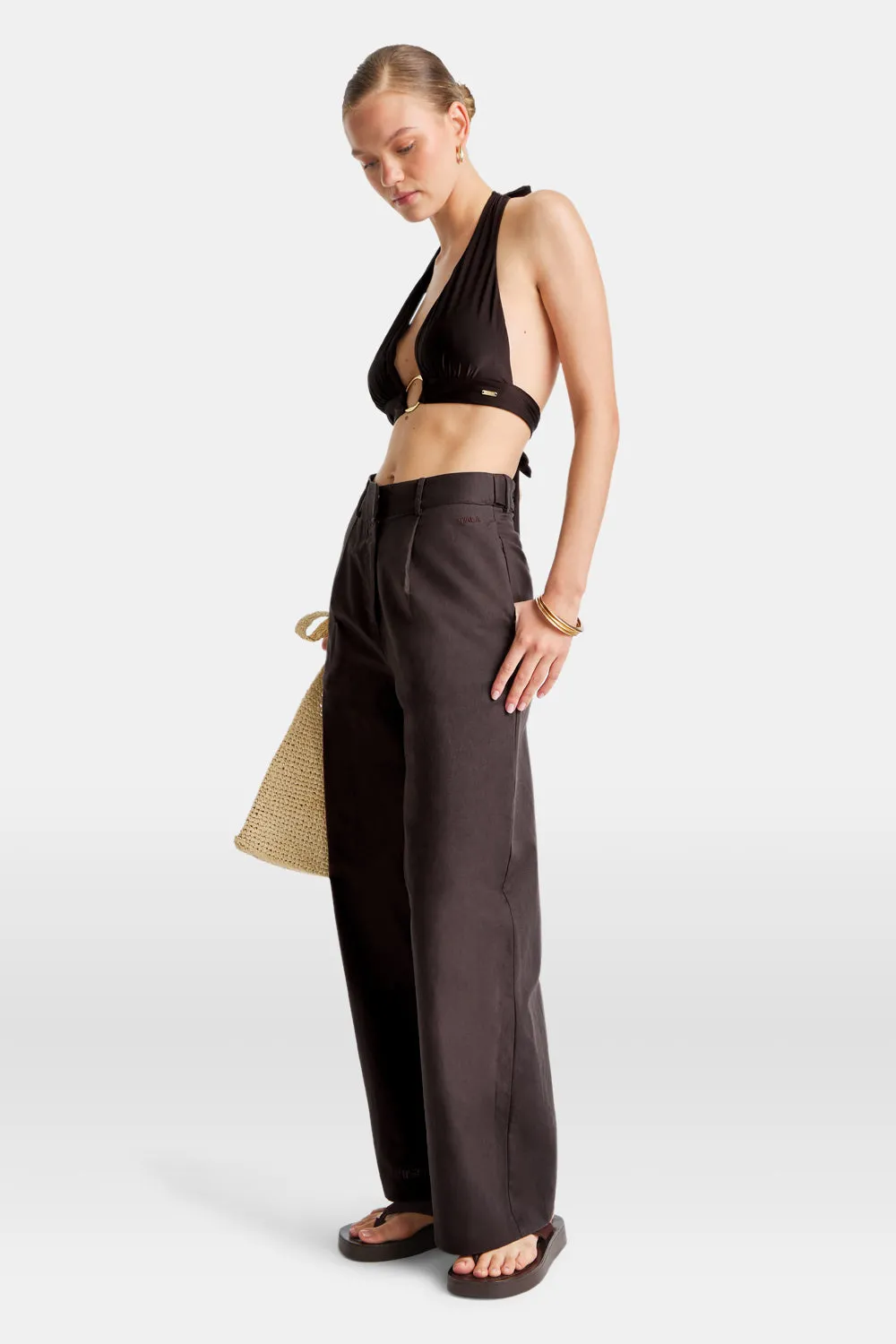 Heavyweight Linen Tailored Wide Leg Trousers - Espresso sold by TALA