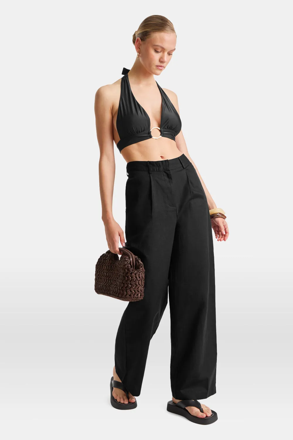 Heavyweight Linen Tailored Wide Leg Trousers - Black Onyx sold by TALA