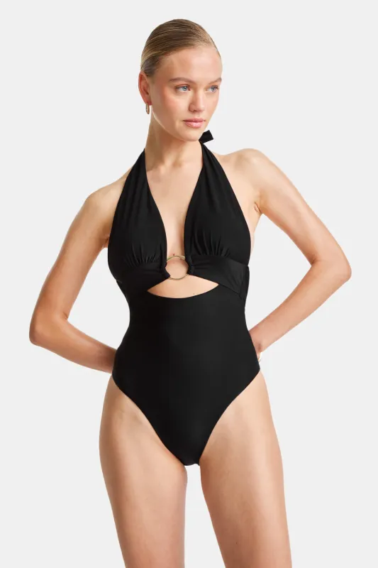 Halter Plunge Gold Ring Bikini Swimsuit - Black Onyx made by TALA