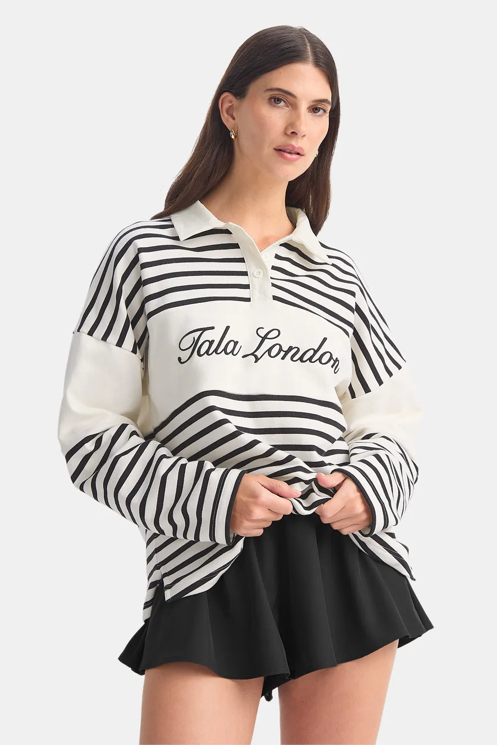 Rugby Polo Sweatshirt - Black / Ivory Stripe sold by TALA