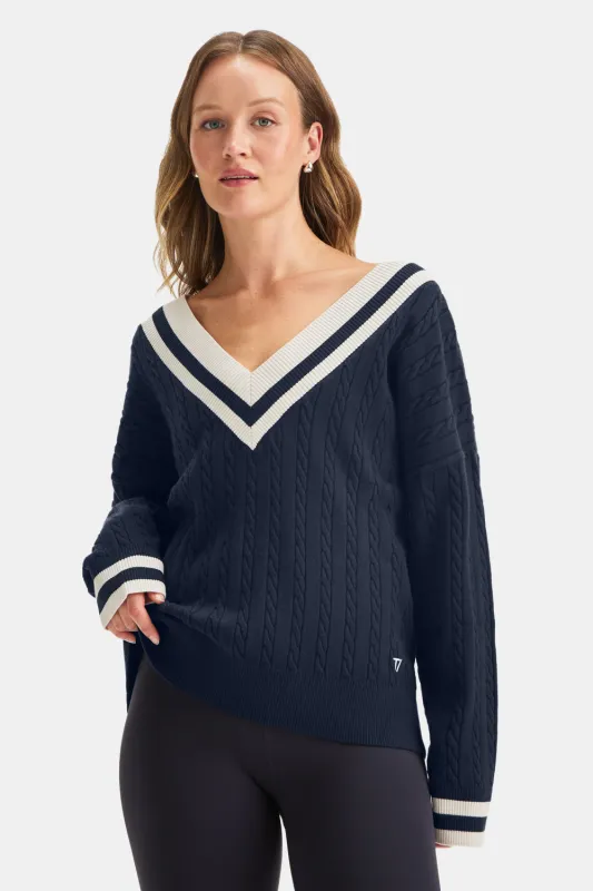 Oversized V Neck Knitted Cricket Jumper - Midnight Navy / Ivory sold by TALA