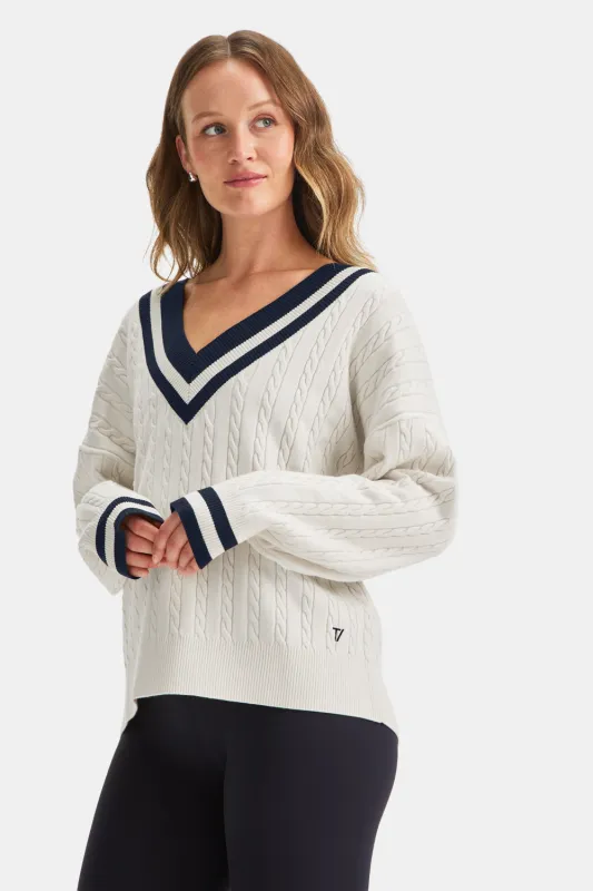 Oversized V Neck Knitted Cricket Jumper - Ivory & Midnight Navy sold by TALA