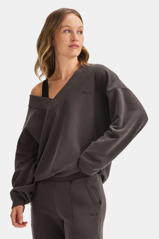 Oversized V Neck Sweatshirt - Mocha Brown made by TALA