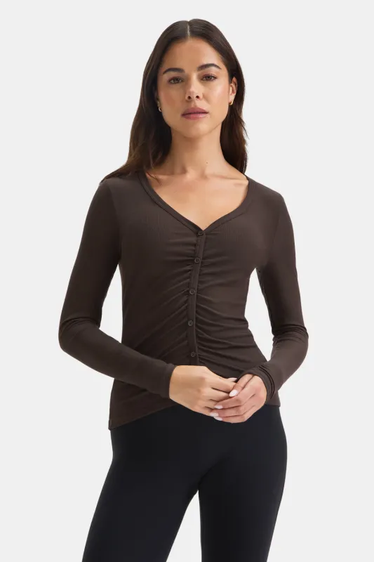 365 Sculpting Lounge Gathered Button Up Cardigan - Espresso sold by TALA