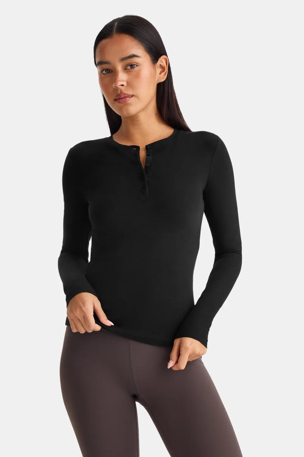 365 Core Cotton Long Sleeve Henley Top - Black sold by TALA