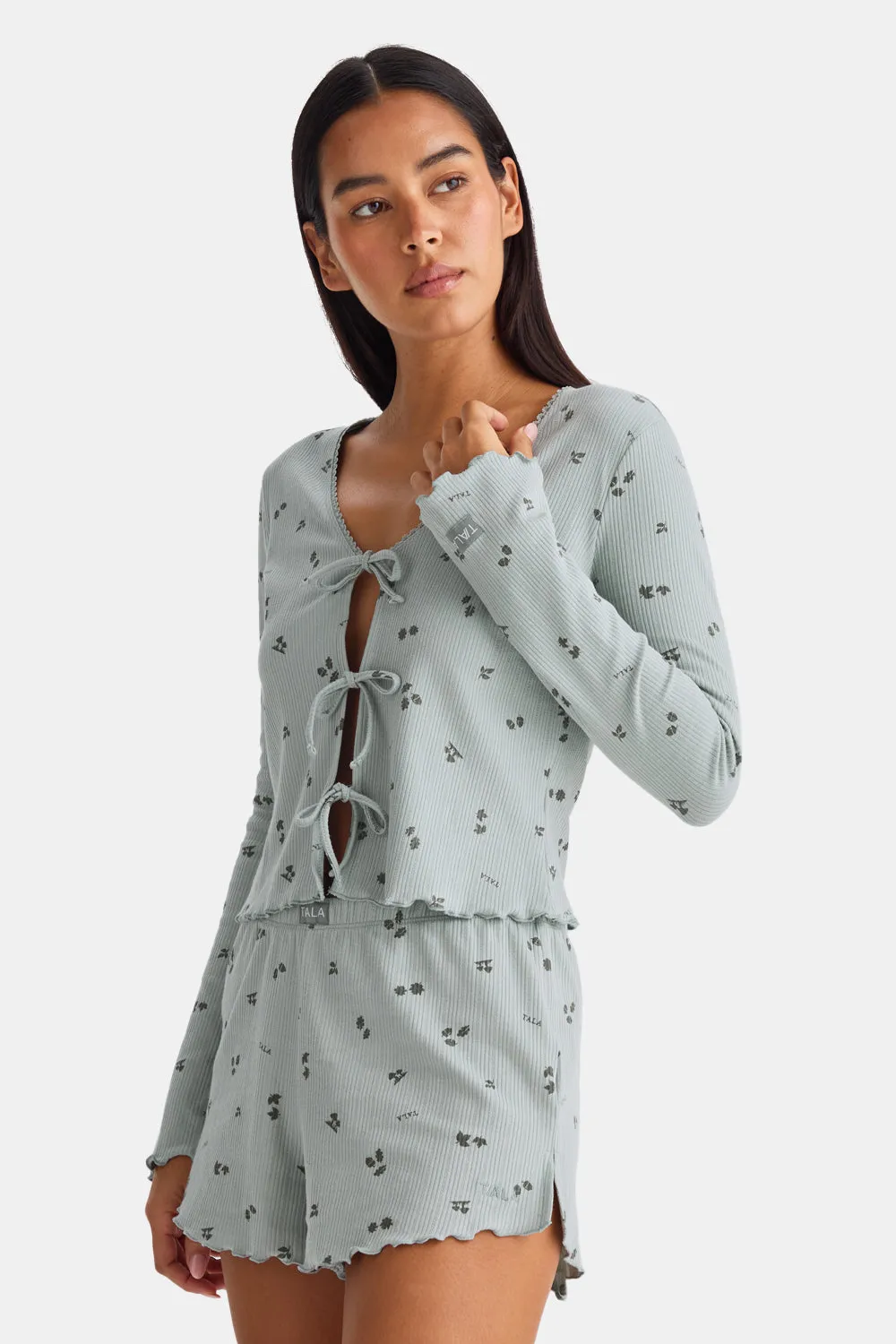 Tie Up Pyjama Cardigan - Sage Woodland Print sold by TALA