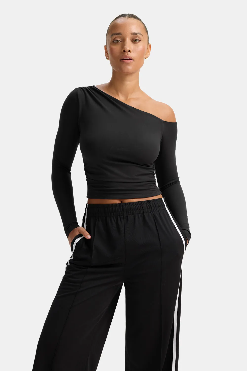 365 Asymmetric Ruched Long Sleeve Top - Black sold by TALA