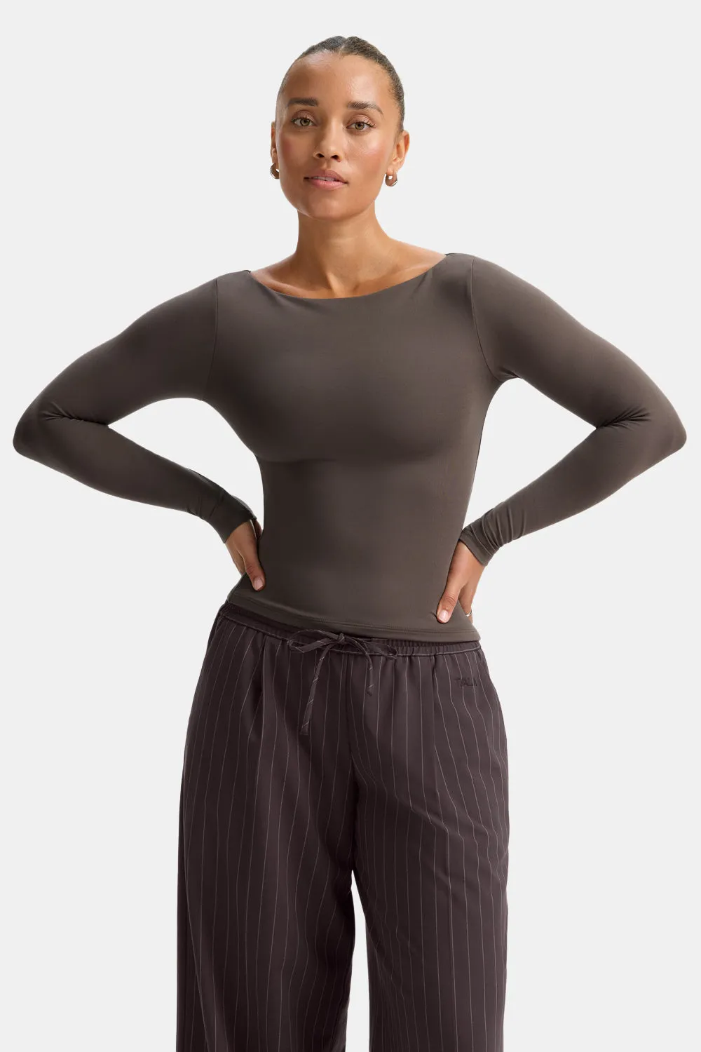 365 Boat Neck Long Sleeve Top - Mocha Brown sold by TALA