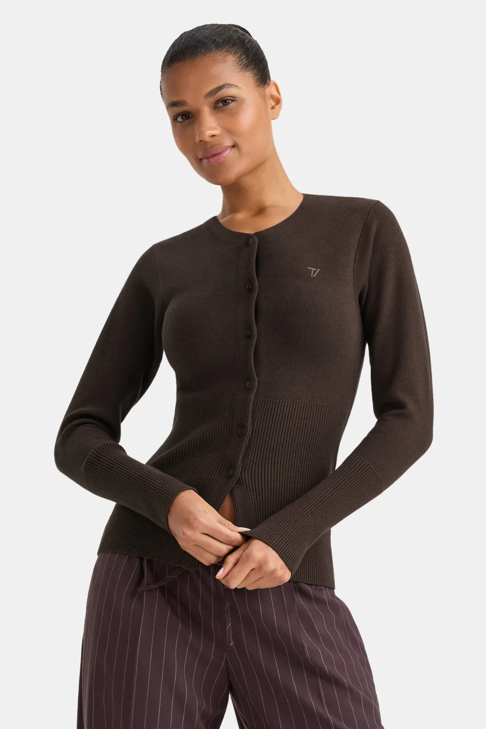 Knit-Waisted Crew Neck Cardigan - Americano sold by TALA