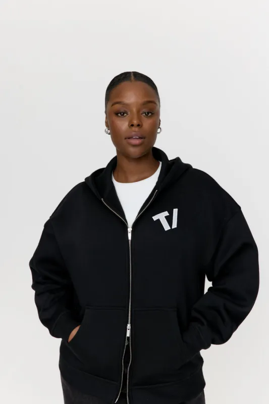 OVERSIZED ZIP THROUGH LOGO HOODIE - BLACK sold by TALA