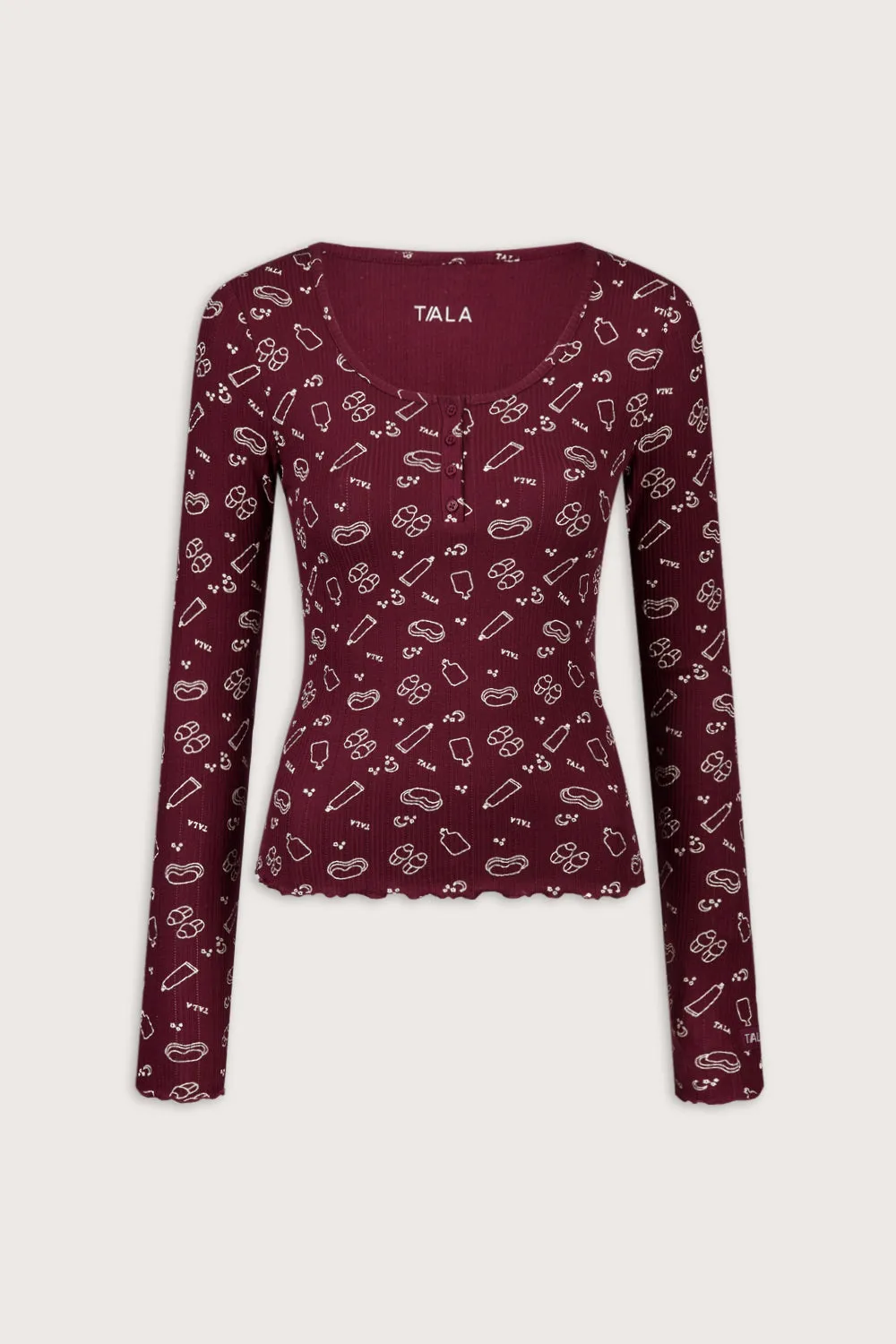 Henley Pyjama Top - Burgundy 'Wind Down' Print sold by TALA product image thumbnail 2