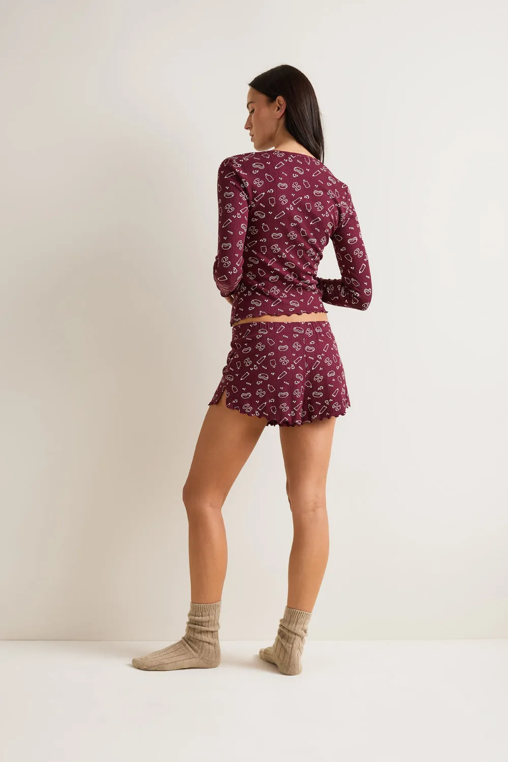 Henley Pyjama Top - Burgundy 'Wind Down' Print sold by TALA product image thumbnail 5