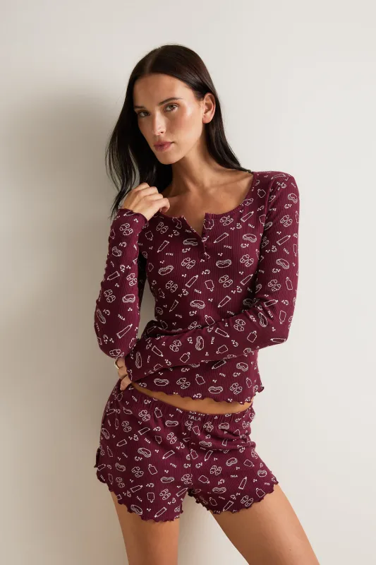 Henley Pyjama Top - Burgundy 'Wind Down' Print sold by TALA