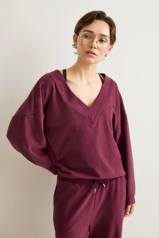 Plush Oversized V Neck Sweatshirt - Cranberry sold by TALA