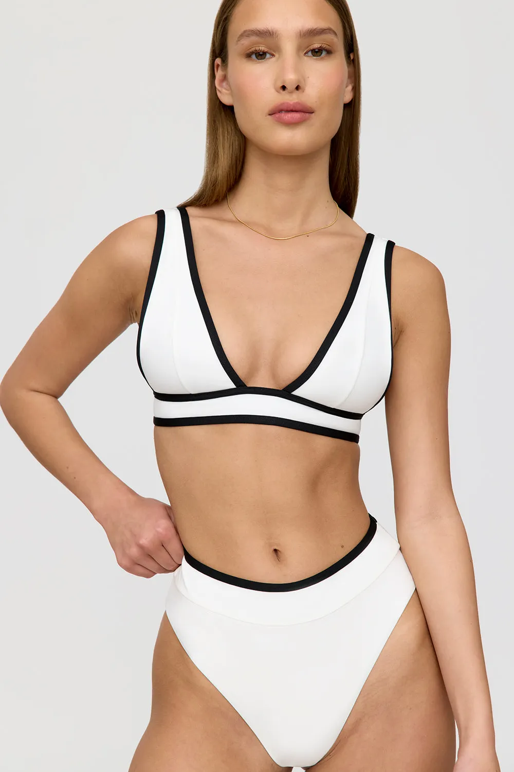 Saint Tropez Contrast Trim Plunge Neck Bikini Top - Coconut Milk And Shadow Black sold by TALA