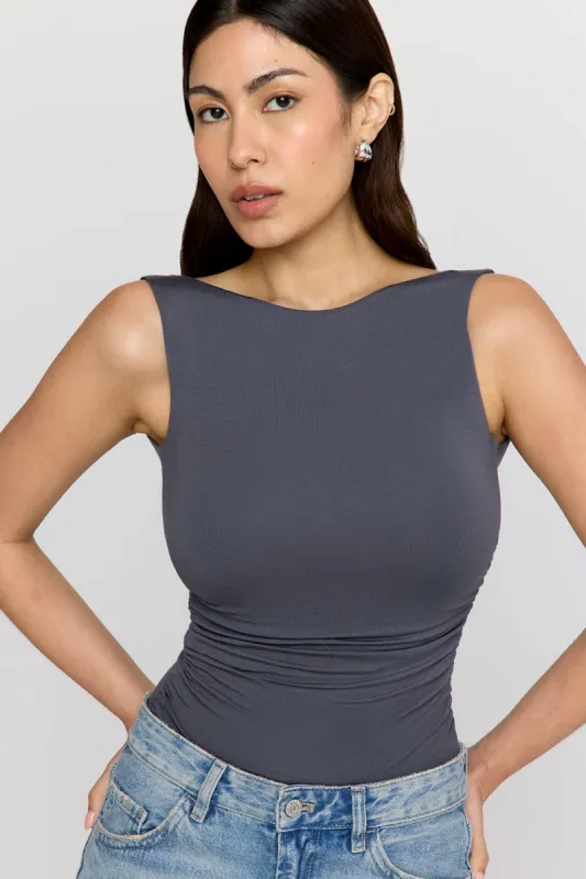 365 Ruched Side Open Back Top - Graphite sold by TALA