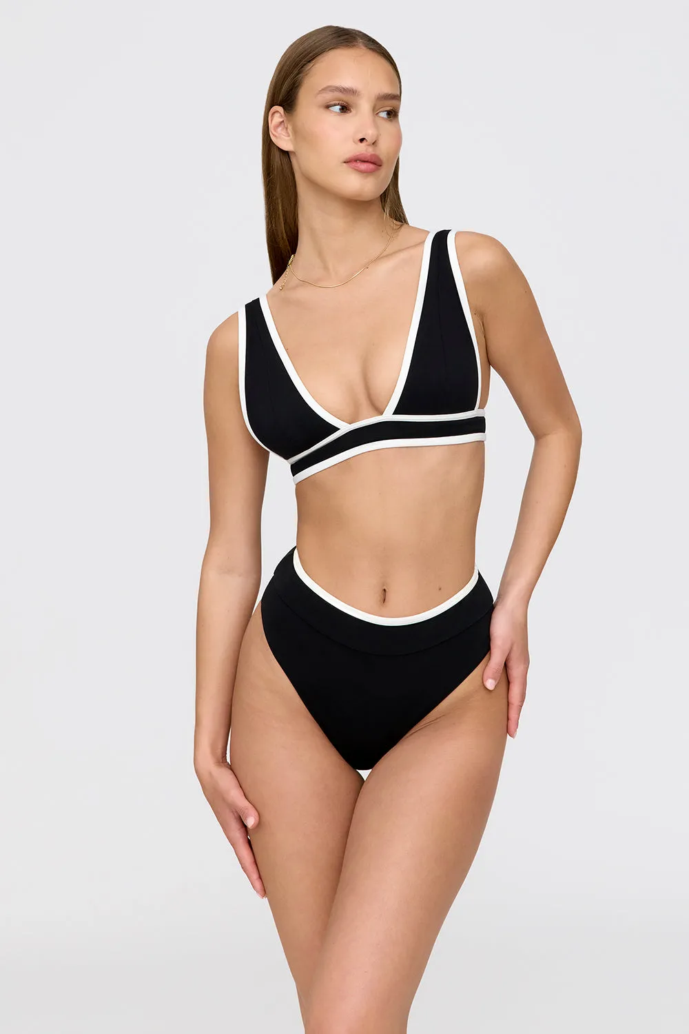 Kos Contrast Trim High Waisted Cheeky Bikini Brief - Shadow Black And Coconut Milk sold by TALA