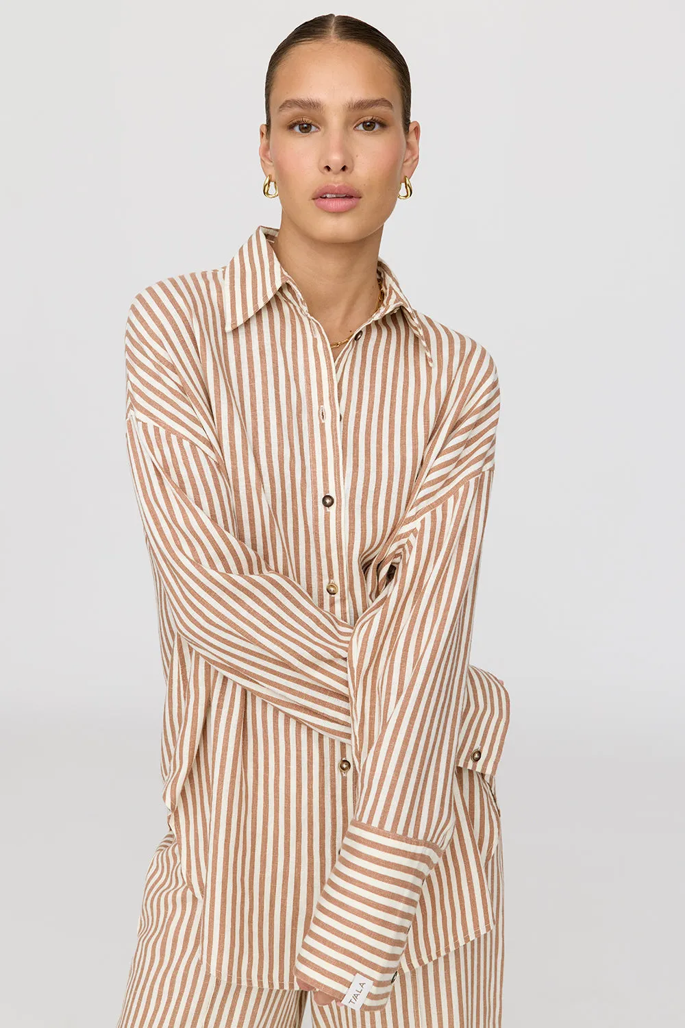 THE ESSENTIAL LINEN SHIRT - TAUPE STRIPE sold by TALA product image thumbnail 4
