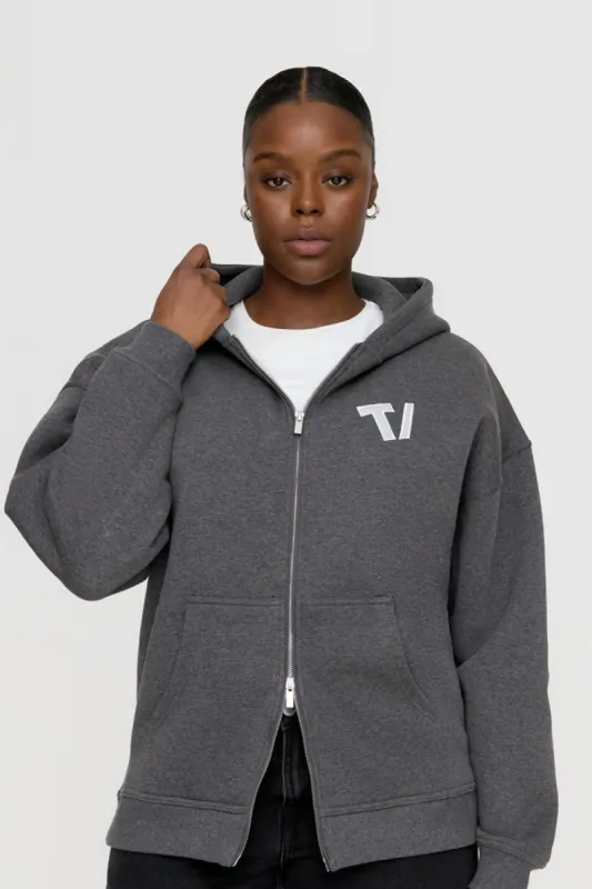OVERSIZED ZIP THROUGH LOGO HOODIE - DARK GREY MARL sold by TALA