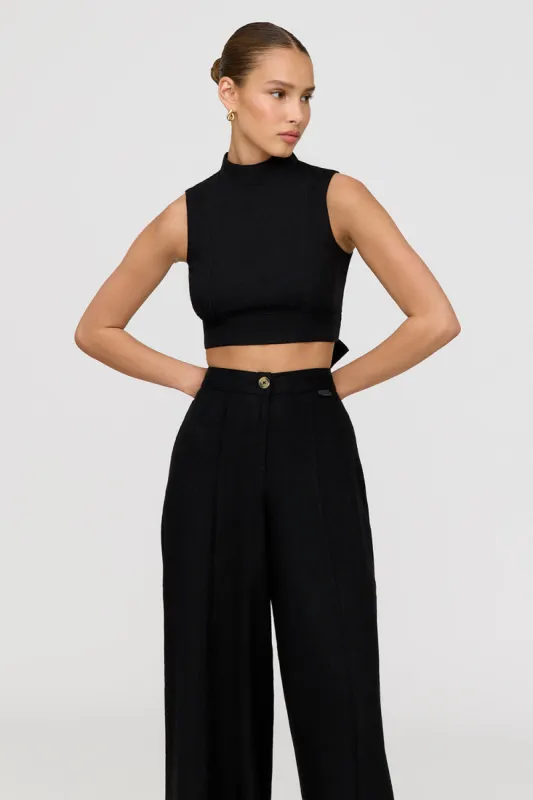 Monaco Linen Blend Mock Neck Tie Back Crop Top - Shadow Black sold by TALA