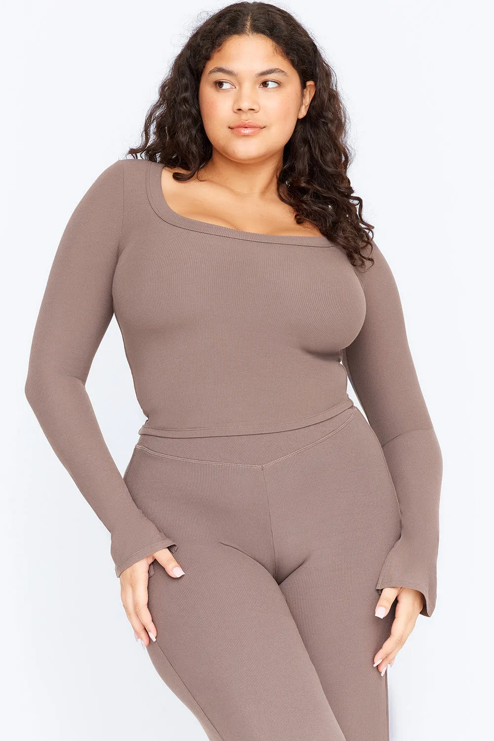 365 SCULPTING LOUNGE SPLIT LONG SLEEVE TOP - MOCHA sold by TALA