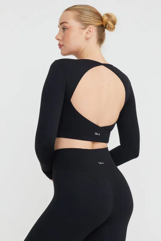 DAYFLEX OPEN BACK LONG SLEEVE TOP - SHADOW BLACK sold by TALA