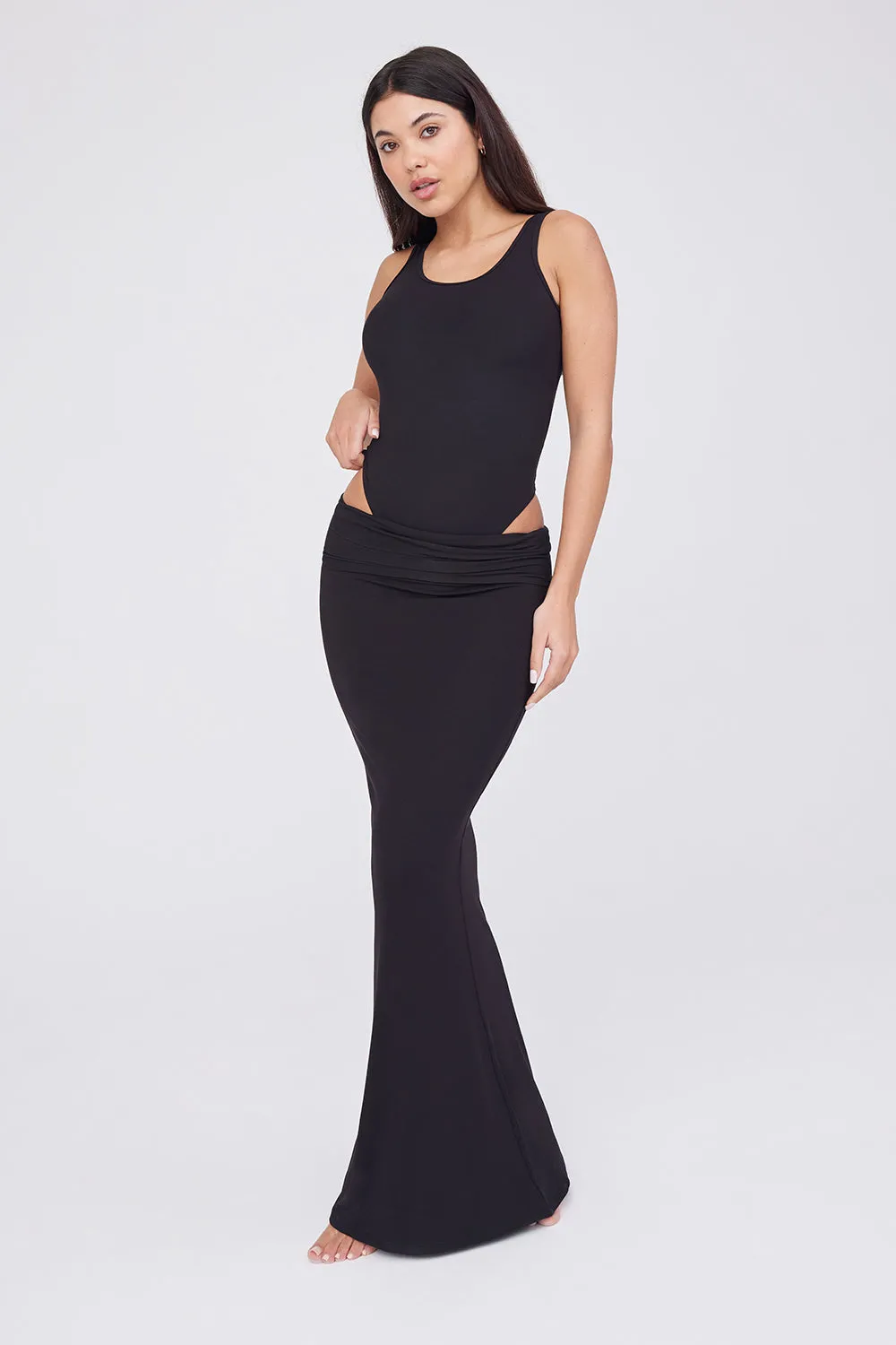 365 SCULPTING LOUNGE MULTIWAY FOLD WAIST MAXI SKIRT - SHADOW BLACK sold by TALA