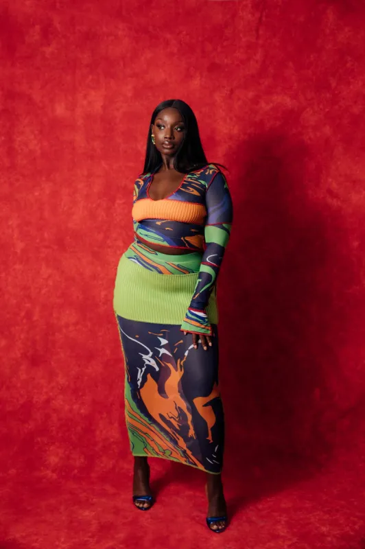 KAI X MYAE Gaia Print Mesh Ribbed Knit Maxi Skirt sold by Kai Collective