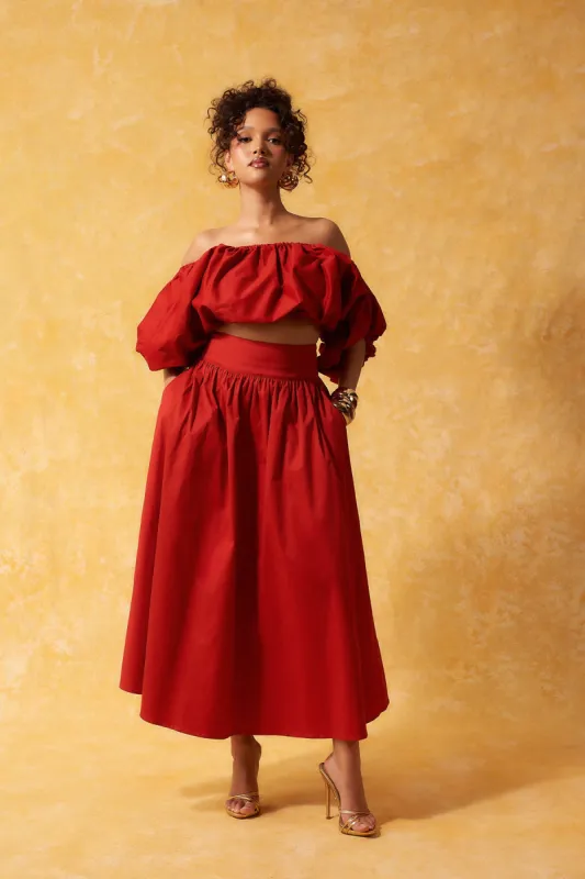 Amaya Cotton Gathered Maxi Skirt - Red sold by Kai Collective