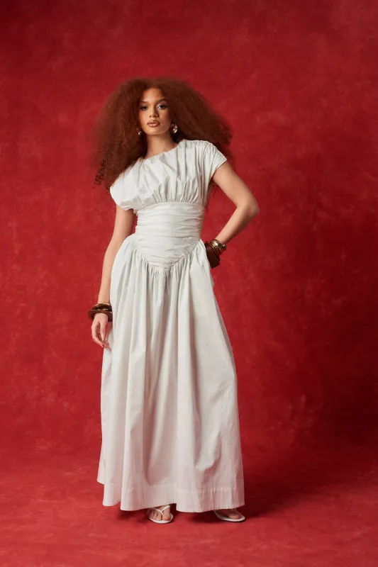 Adesuwa Ruched Cotton Long Dress - White sold by Kai Collective