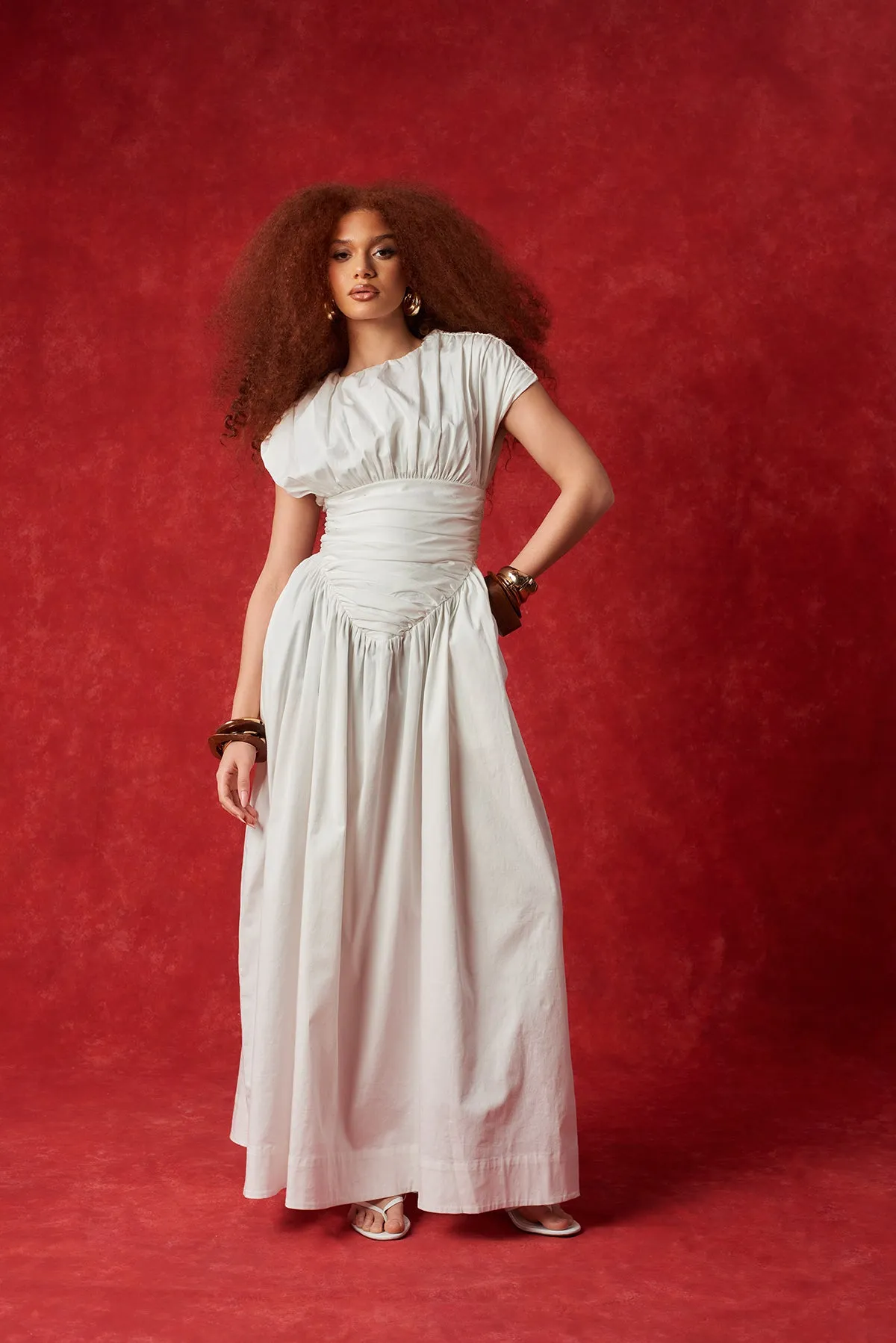 Adesuwa Ruched Cotton Long Dress - White sold by Kai Collective