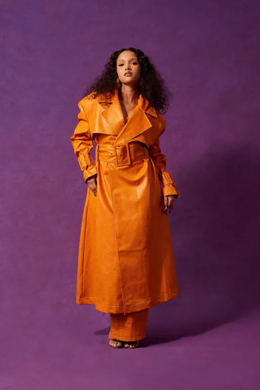 Emani Faux Croc Leather Exaggerated Coat - Orange sold by Kai Collective