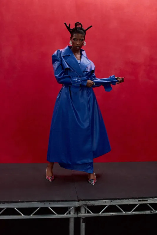 Emani Faux Croc Leather Exaggerated Coat - Sapphire sold by Kai Collective