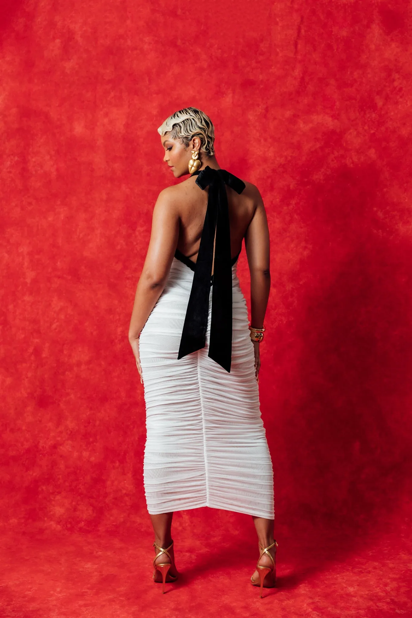 Zara Halter Ruched Backless Mesh Dress - White sold by Kai Collective product image thumbnail 3