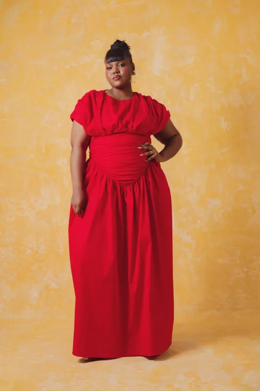 Adesuwa Ruched Cotton Long Dress - Red sold by Kai Collective