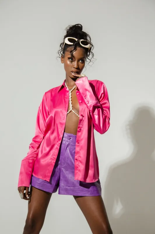Kiam Silky Satin Button Up Shirt - Hot Pink sold by Kai Collective
