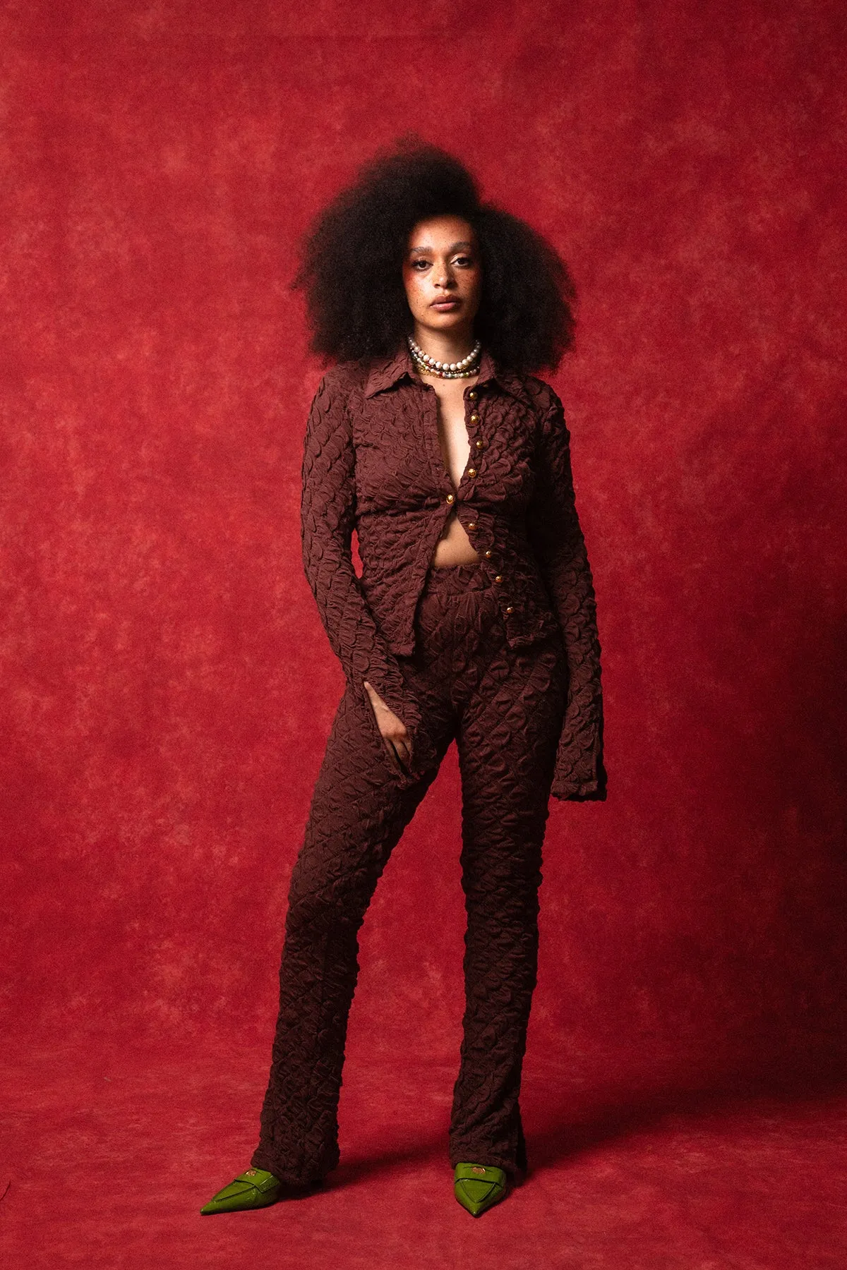 Neta Button Up Textured Knitted Top and Flared Trouser Set - Coffee sold by Kai Collective