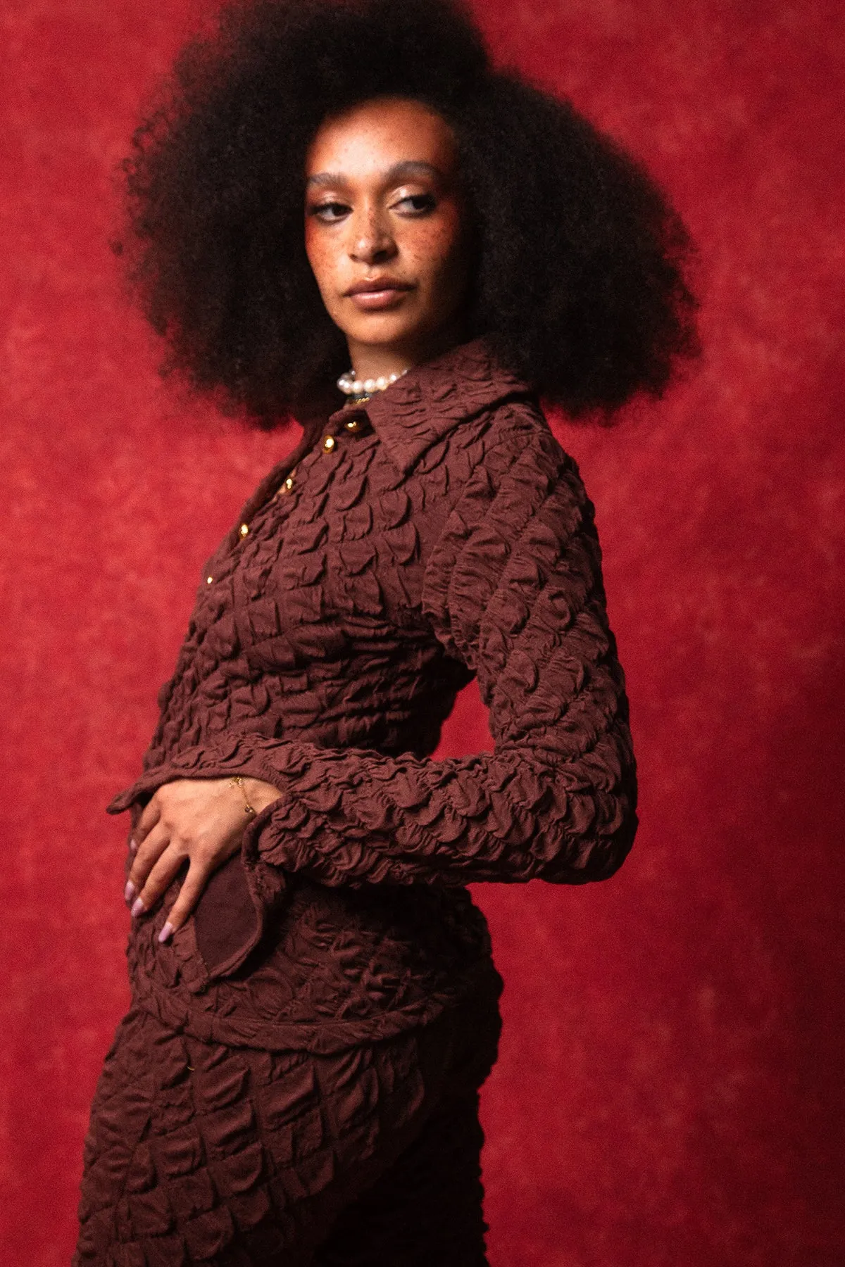 Neta Button Up Textured Knitted Top and Flared Trouser Set - Coffee sold by Kai Collective product image thumbnail 4