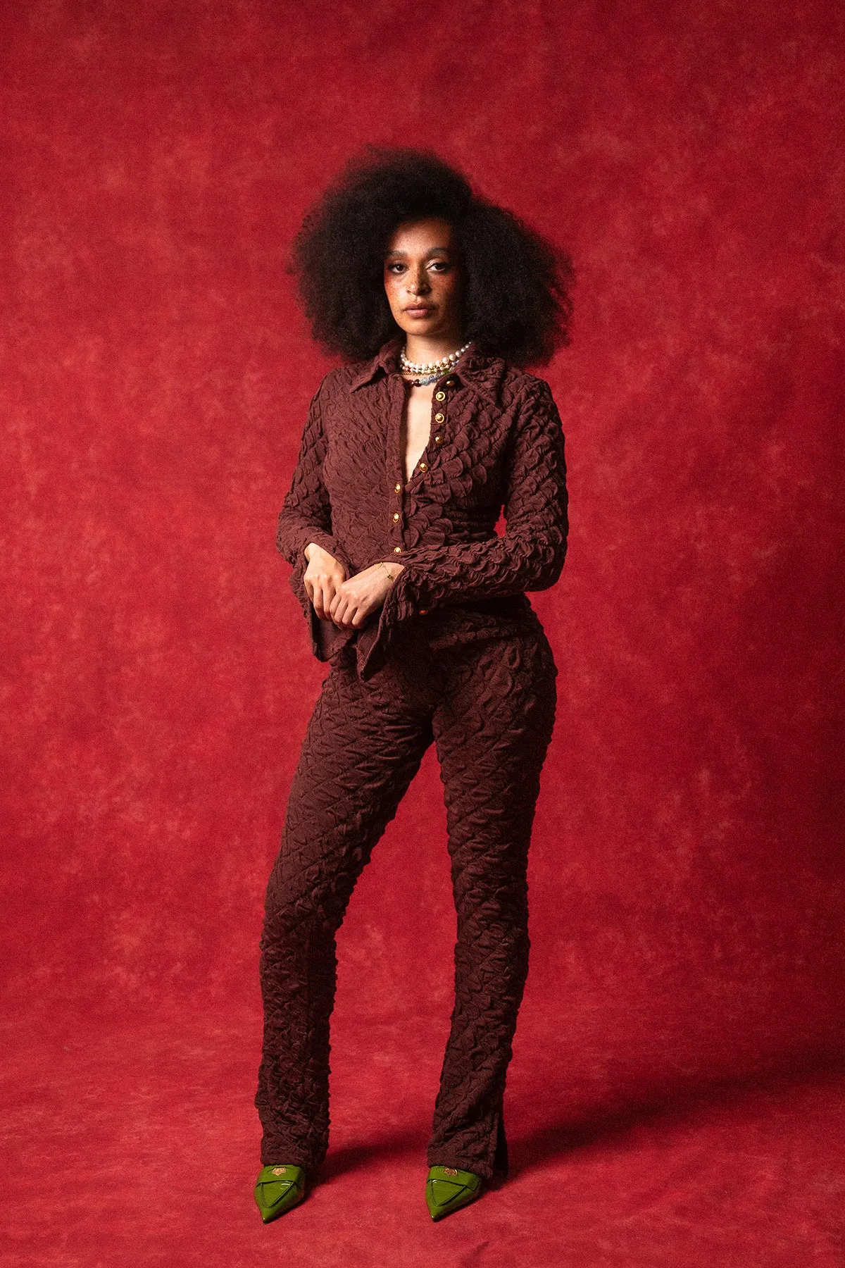 Neta Button Up Textured Knitted Top and Flared Trouser Set - Coffee sold by Kai Collective product image thumbnail 3