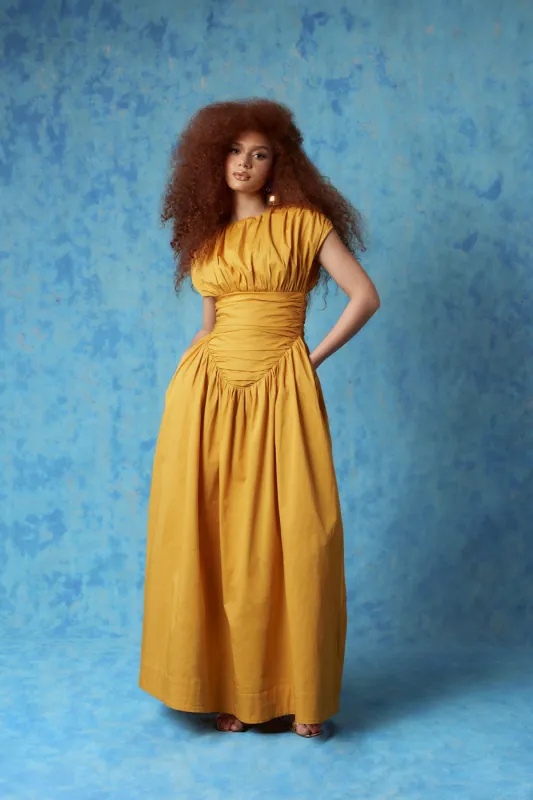 Adesuwa Ruched Cotton Long Dress - Yellow Ochre sold by Kai Collective