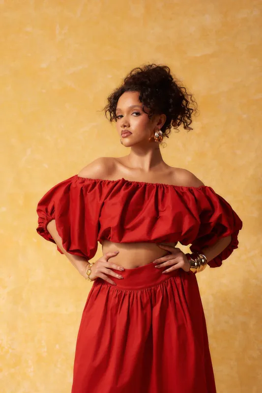 Amaya Puff Gathered Cropped Cotton Top - Red sold by Kai Collective