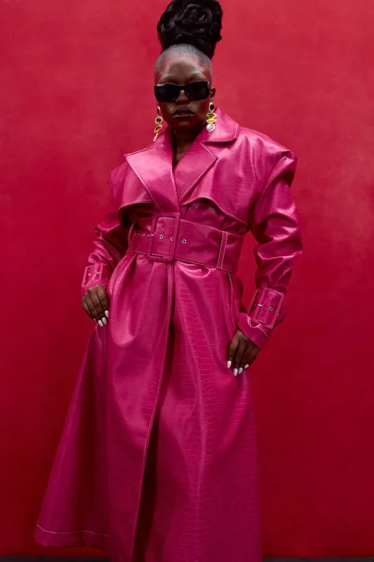 Emani Faux Croc Leather Exaggerated Coat - Hot Pink sold by Kai Collective