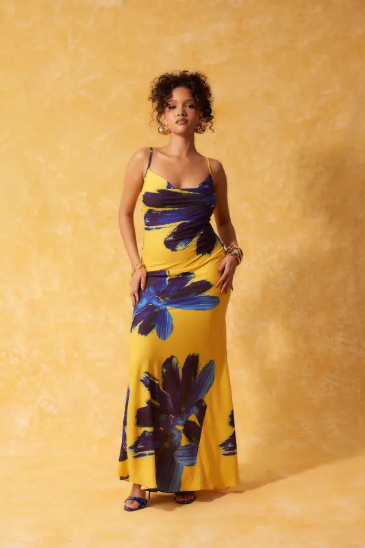 Solei Cowl Neck Backless Silky Printed Dress - Yellow sold by Kai Collective