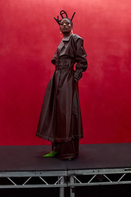 Emani Faux Croc Leather Exaggerated Coat - Coffee sold by Kai Collective