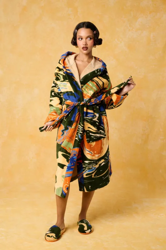 Gaia Hooded Printed Robe - Forest Green sold by Kai Collective