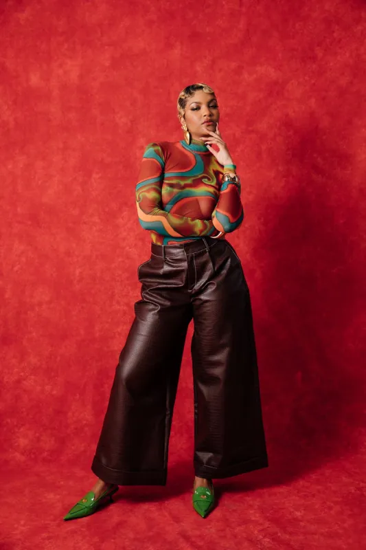 Zehlia Faux Croc Leather Wide Leg Trousers - Coffee sold by Kai Collective