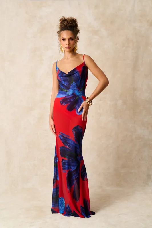 Solei Cowl Neck Backless Silky Printed Dress - Red sold by Kai Collective