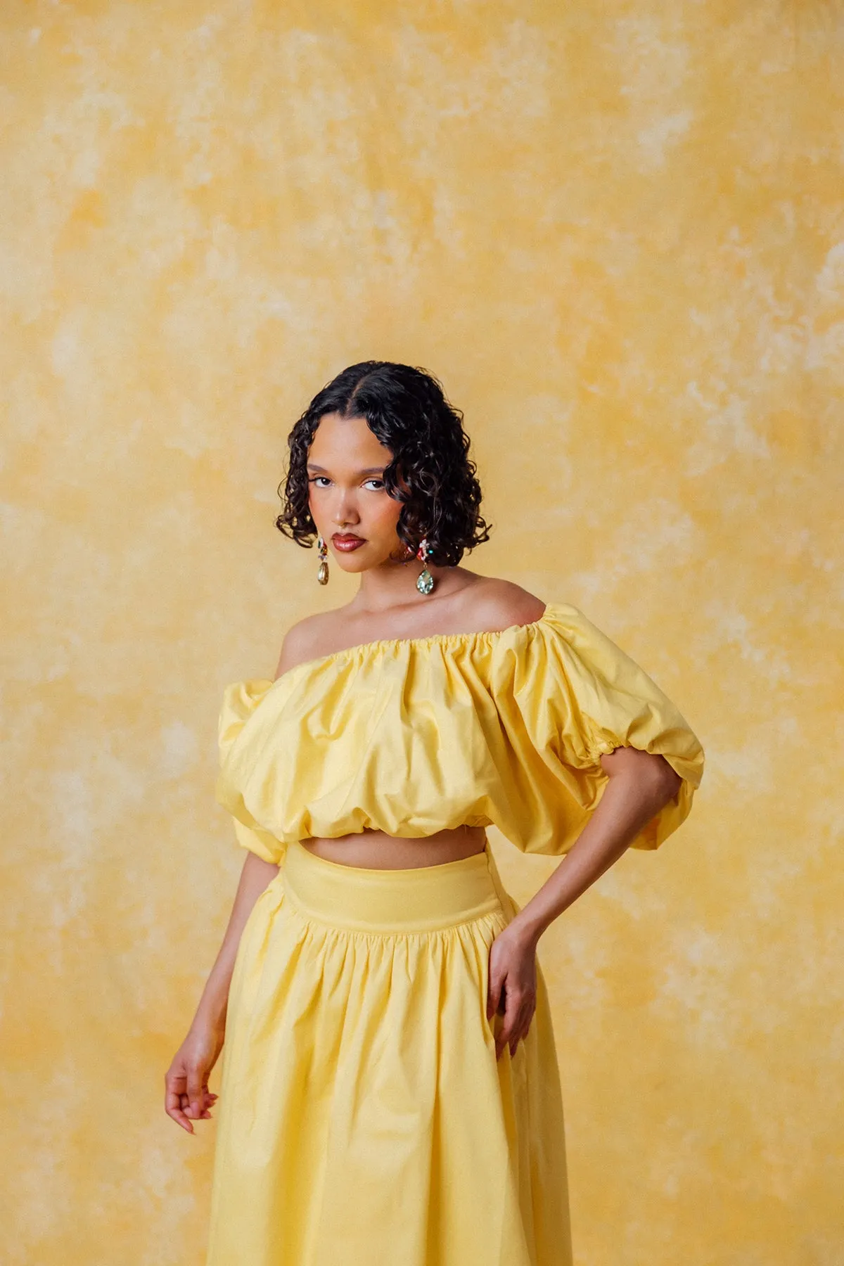 Amaya Puff Gathered Cropped Cotton Top - Yellow sold by Kai Collective